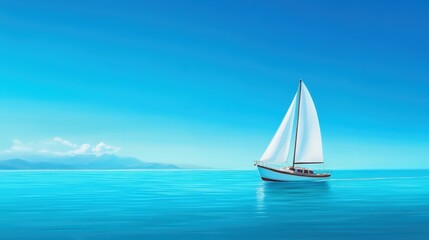 Fototapeta premium A serene scene of a white sailboat gliding across calm turquoise waters under a clear blue sky, perfect for evoking feelings of relaxation and adventure in coastal travel.