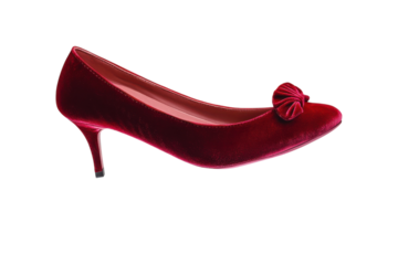 Elegant red velvet high heel shoe with bow detail showcasing timeless style and sophistication isolated on transparent background