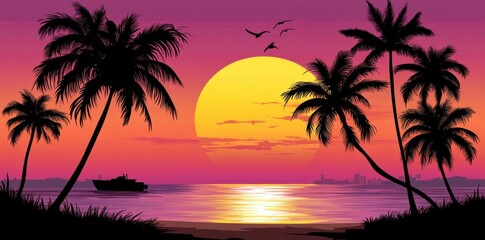 Tropical Sunset Illuminates Palm Trees on a Tranquil Beach with Sailboat Gently Passing Cityscape Silhouette Tropical Paradise