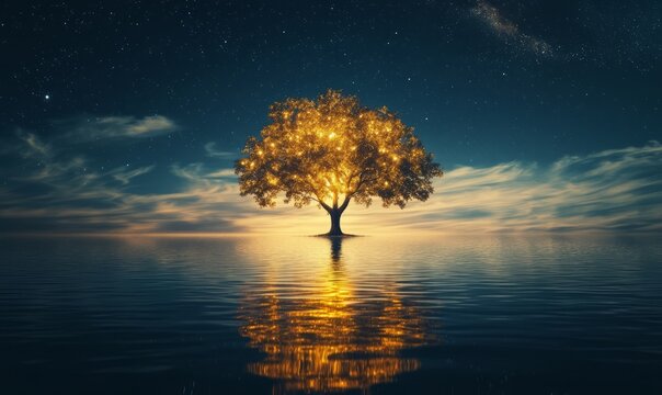 A solitary tree radiates golden light, reflecting in the calm waters beneath a starry night sky.
