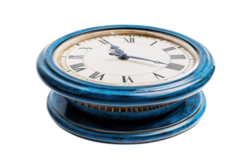 A vintage blue mantel clock ticking away the hours in a serene, minimalist setting isolated on transparent background