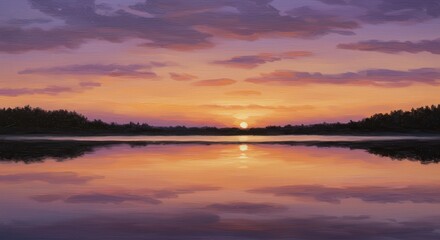 Naklejka premium Serene Sunset Landscape Painting Over Calm Lake