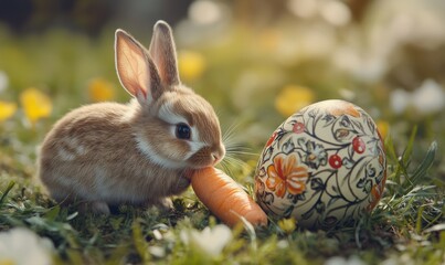 Small bunny nibbling on a carrot beside an intricately painted Easter egg.