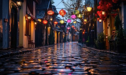 Rain-soaked cobblestone street reflecting colorful lantern lights in a quaint European village at twilight, with a mysterious ambiance.