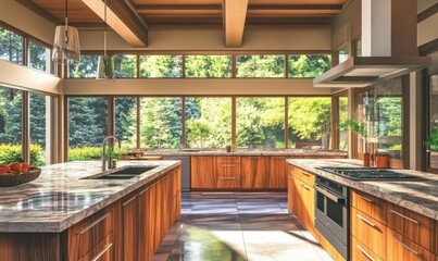 Bright modern kitchen with a marble countertop, wooden cabinets, and large windows letting in natural daylight.