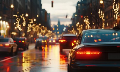 Busy city street at dusk with blurred car lights, warm evening tones enhancing the urban atmosphere, dynamic and energetic scene