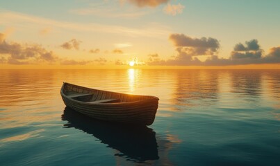 Naklejka premium Calm sea reflecting the golden light of sunrise, a lone wooden boat floating on the still water, serene atmosphere with warm pastel tone