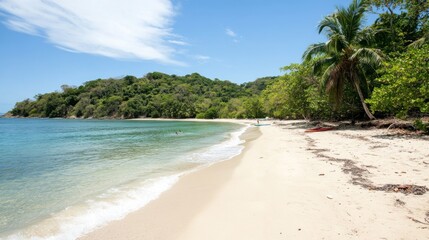 Fototapeta premium Sunlight bathes the beach in warmth as palm trees offer shade, inviting relaxation by the tranquil turquoise water and soft white sand