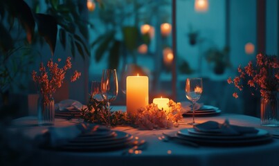 Romantic candlelight dinner for two, delicate floral decor and soft ambient lighting creating a magical evening atmospher