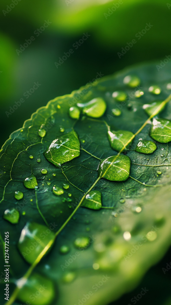 Poster sparkling water droplets resting on a lush green leaf, creating a beautiful natural display