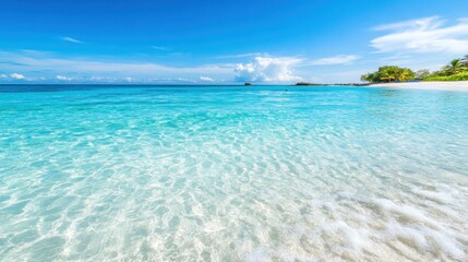 Obraz premium A tropical island stands serene, encircled by shallow, clear waters revealing beautiful sandy textures underneath the surface