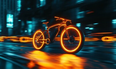 Dynamic glowing electric bicycle speeding through an urban environment, symbolizing sustainable transportation solutions.