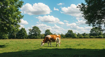 Cow grazing in green field