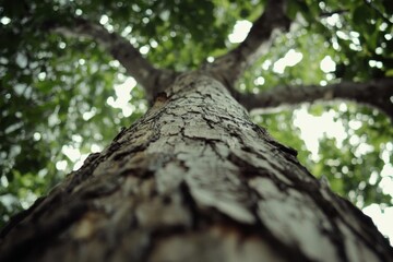 Obraz premium Towering Tree Trunk Reaches for the Sky with Lush Green Canopy, Nature's Majesty.