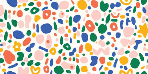 Fun colorful seamless vector pattern, Creative 90s style geometric shape background for children or trendy design with bright collage shapes. Simple and playful childish doodle backdrop