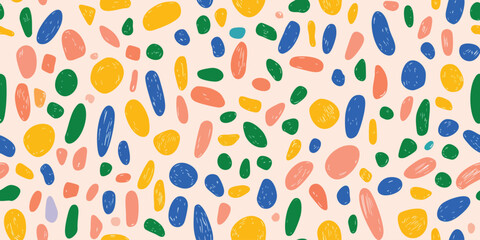 Fun colorful seamless vector pattern. Creative abstract geometric shape background for children, trendy design with collage shapes. Simple and playful doodle wallpaper print