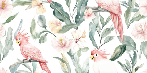 Vector seamless pattern with parrots and tropical leaves. Modern exotic pastel design for paper, cover, fabric, interior decor and other © Eli Berr