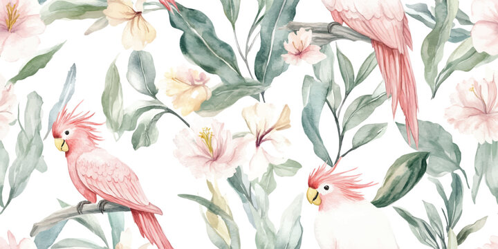 Vector seamless pattern with parrots and tropical leaves. Modern exotic pastel design for paper, cover, fabric, interior decor and other