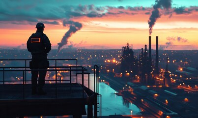 Engineer standing on a raised platform overlooking a vast industrial site, illuminated by the warm light of dawn.