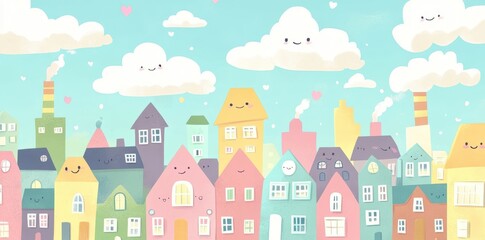 Fototapeta premium Colorful cartoon townscape with smiling buildings and fluffy clouds