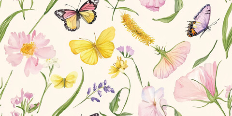 Watercolor floral vector seamless pattern. Cute botanical print, blooming summer meadow illustration with butterflies on white background. Pastel color palette for nursery design, textile