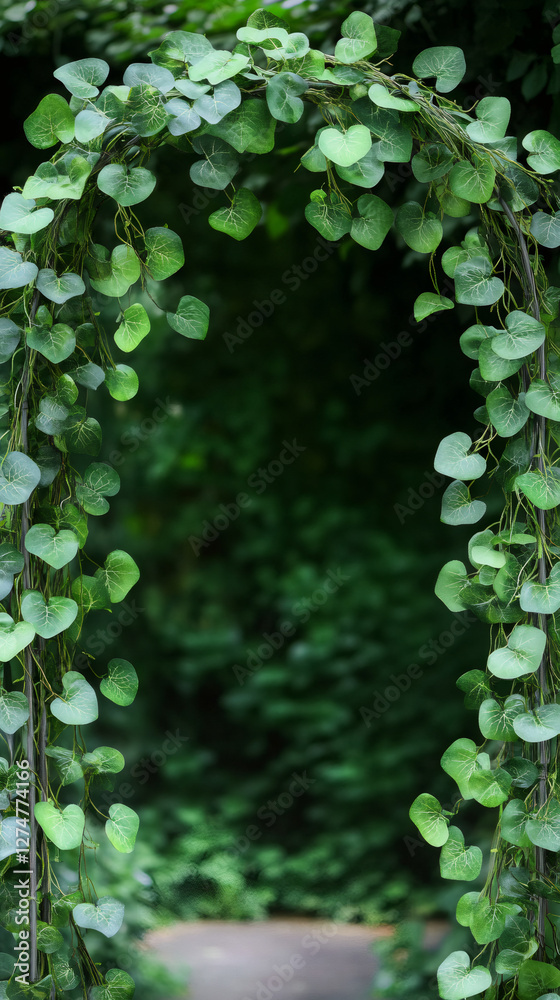 Poster Beautiful arch made of green leaves frames a path leading into a dense forest, creating a tranquil and inviting scene