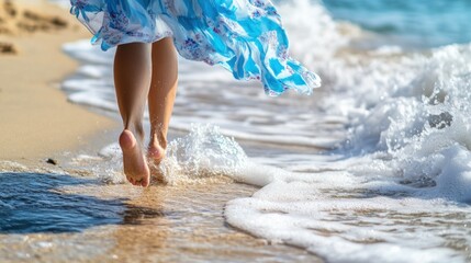 A woman joyfully dances at the beach, her dress fluttering in the breeze, while the ocean waves gently touch her bare feet