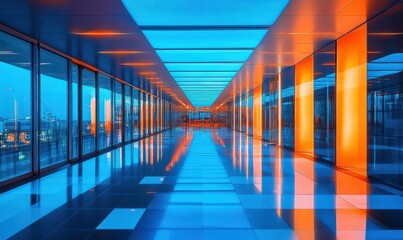 Futuristic hallway glowing in vibrant blue and orange hues, sharp geometric lines and clean reflective surfaces, modern architecture concept