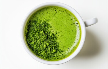 Vibrant Green Matcha Tea in White Cup with Powdered Texture Top