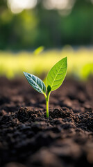 Fototapeta premium Verdant seedling emerging from rich earth, symbolizing growth and natural potential