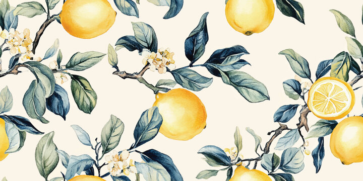 Lemon fruits tropical summer Vintage seamless vector pattern with watercolor style illustration