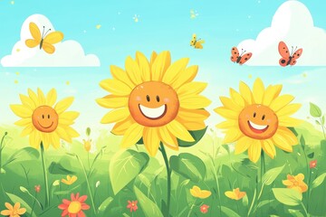 Happy sunflowers butterflies and flowers under a cloudy sky