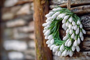 Traditional handmade wreath of snowdrops hung on a rustic wall