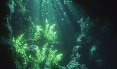 Fototapeta premium Diver exploring a glowing underwater cavern filled with bioluminescent plants, faint light filtering through cracks in the rock, mysterious aquatic ambiance