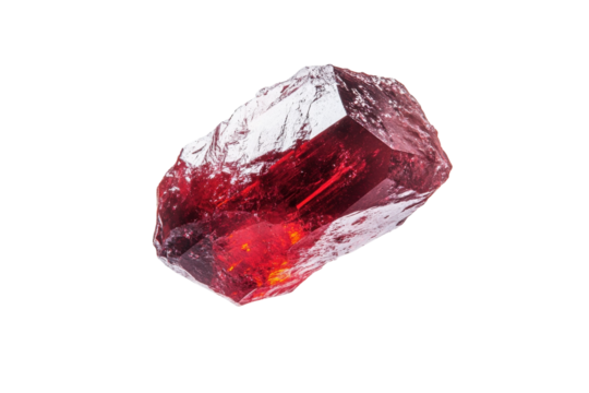 A radiant ruby crystal floating elegantly against a soft white background, showcasing its facets isolated on transparent background