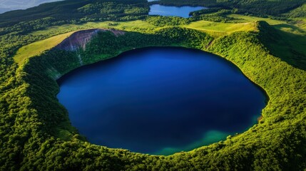 A stunning aerial view of a tranquil crater lake surrounded by lush greenery under a clear blue sky, showcasing the beauty of nature's untouched landscapes and serene environments.