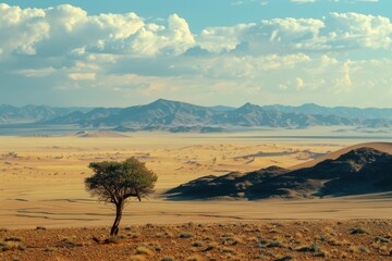Fototapeta premium Vast desert landscape with a solitary tree and distant mountains under a bright blue sky with scattered clouds