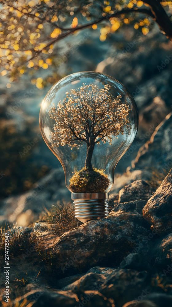 Poster light bulb containing flowering tree standing on rocky surface, representing renewable energy concep