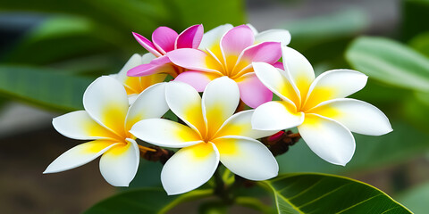 Fototapeta premium Cluster of white yellow and pink tropical plumeria blossoms against a soft green leafy background.