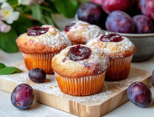 Freshly Baked Muffins with Plums and Powdered Sugar Topping