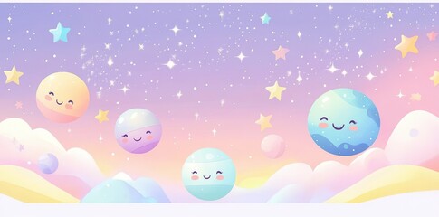 Cute planets with smiling faces float amongst clouds and stars