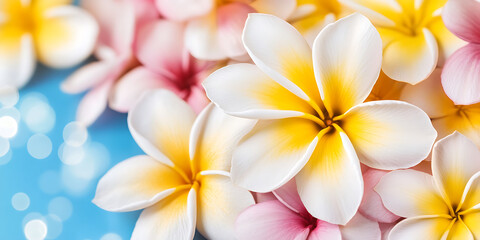 Fototapeta premium Close-up of frangipani flowers in pastel shades of pink white and yellow against a light blue backdrop with bokeh.