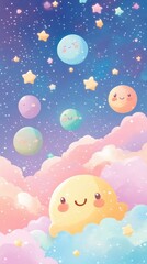 Cute celestial bodies float peacefully in a starry night sky