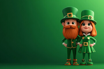 Cheerful cartoon couple in green attire celebrating a festive occasion against a vibrant green backdrop