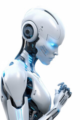 Futuristic female android with glossy white exoskeleton, glowing blue LED eyes, standing thoughtfully, against a clean white background