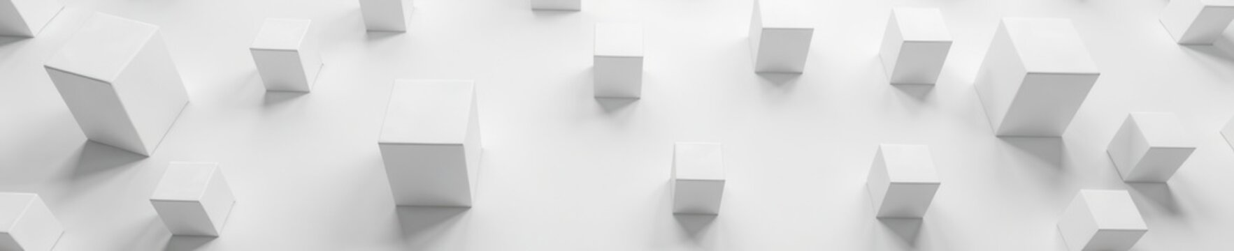 Randomly arranged white cube boxes scattered on a plain background with empty space , simple style, modern design