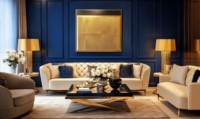 Modern living room with a navy-blue accent wall, plush beige sofas, and golden lighting creating a warm atmosphere.