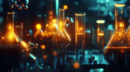Glowing Lab Glassware, Molecules, Research