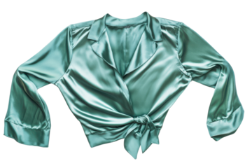 Elegant satin teal wrap top showcasing contemporary fashion details for stylish outfits isolated on transparent background