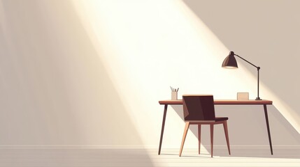 Simple illustration of a desk with a chair and lamp